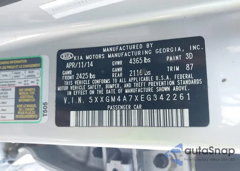 2014 Kia Optima Lx from USA, damaged, VIN 5XXGM4A7XEG342261